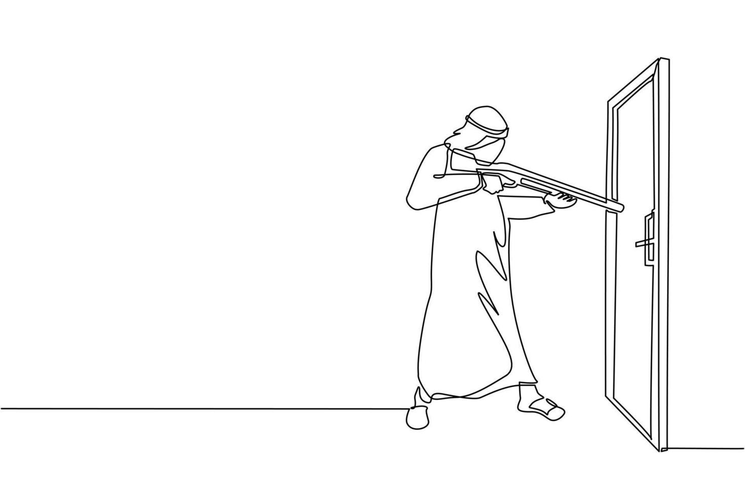 Single one line drawing Arabic businessman pointing shotgun at doorknob. Business breakthrough struggle. The power to succeed. Open closed door. Continuous line draw design graphic vector illustration