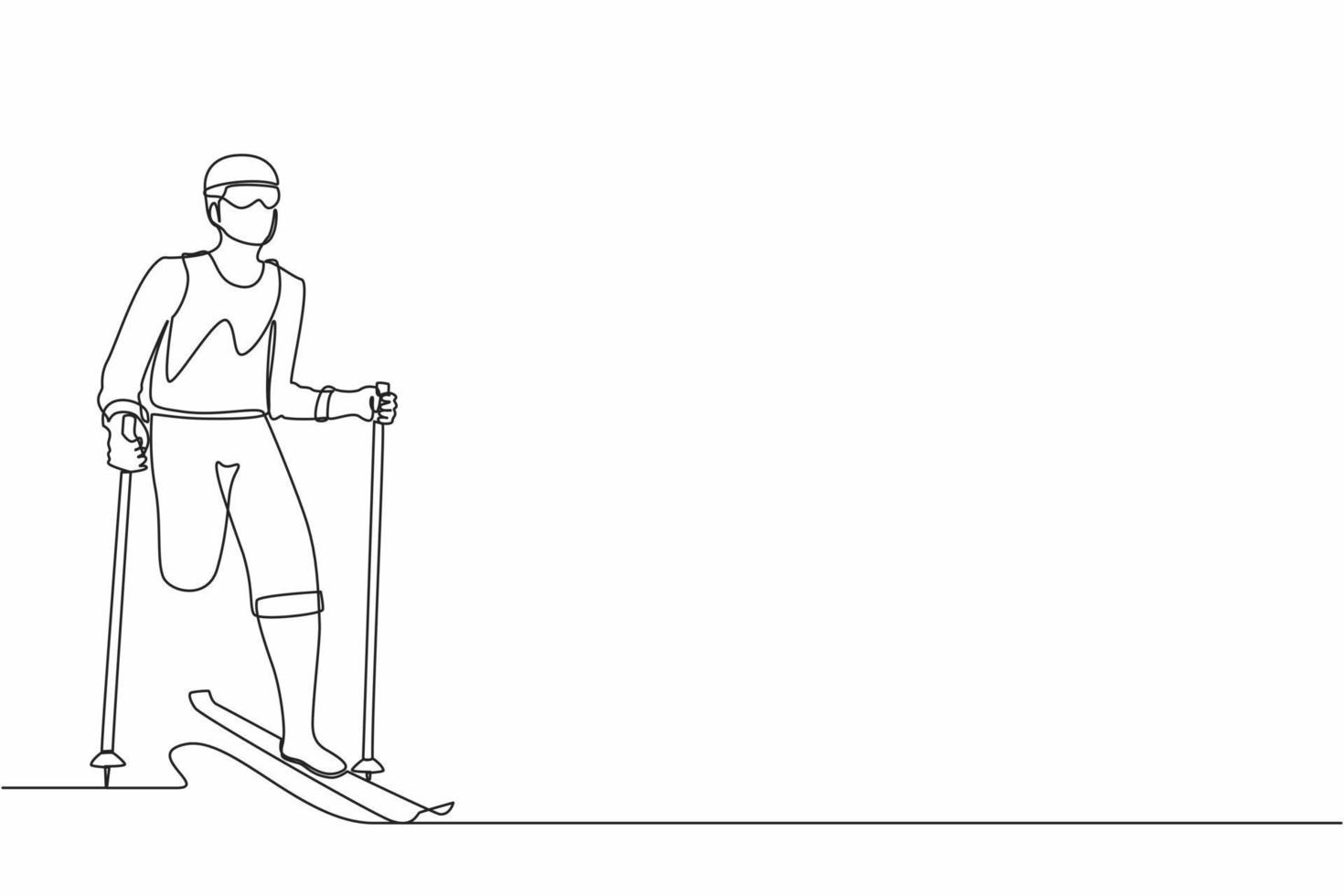 un solo dibujo de una línea atleta masculino esquiador sin piernas esquiando en la nieve. deportista con esquís y bastones en gafas en invierno. deporte, torneo. ilustración de vector de diseño de dibujo de línea continua