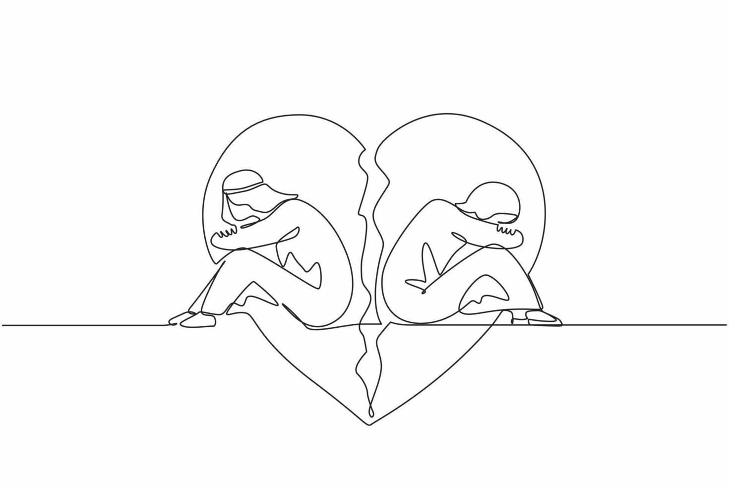 dibujo de una sola línea pareja de hombre y mujer árabes, sentados espalda con espalda, tristes y enojados el uno con el otro. ruptura, problemas de relación, corazón roto, separación. vector de diseño de dibujo de línea continua