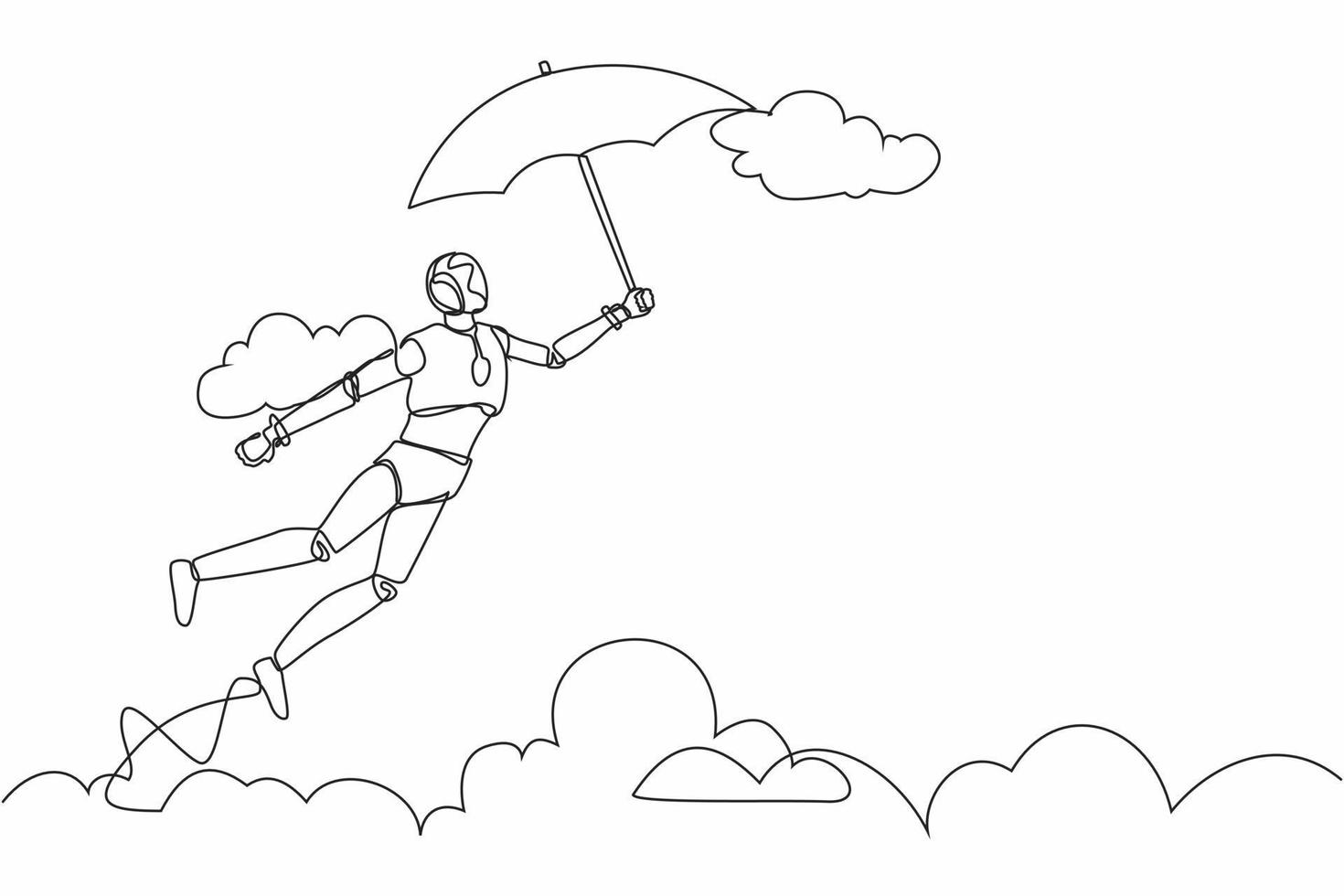 Single continuous line drawing robot flying in the sky with his umbrella. Modern robotic artificial intelligence. Electronic technology industry. Dynamic one line graphic design vector illustration