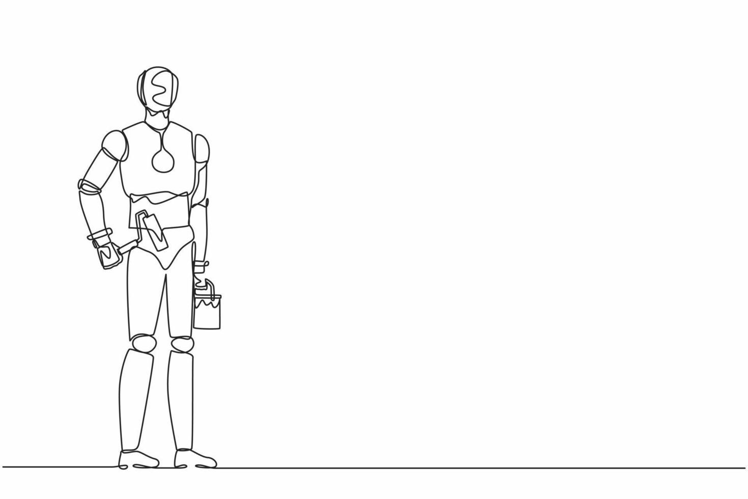 Single continuous line drawing robot holds roller with paint and bucket of paint, painting walls. Robotic artificial intelligence. Electronic technology. One line graphic design vector illustration