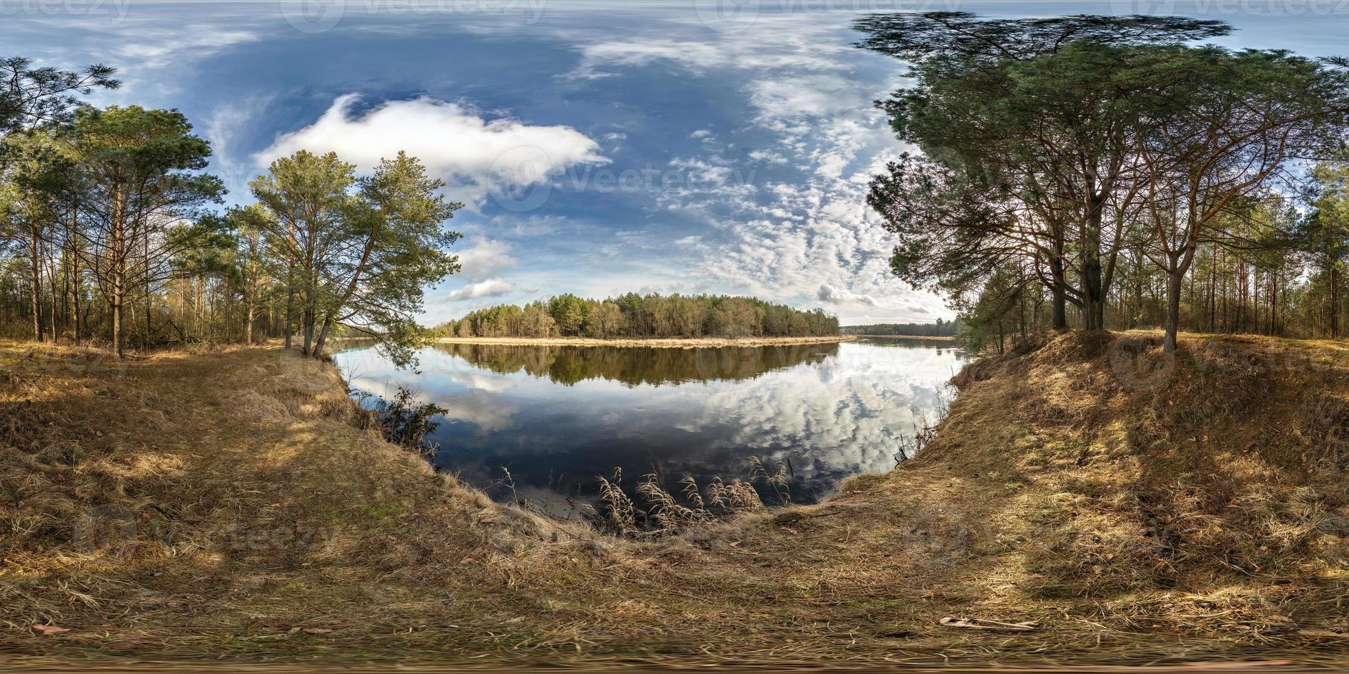 full seamless spherical hdri panorama 360 degrees angle view on precipice of wide river in deciduous forest in spring day in equirectangular projection, ready for AR VR virtual reality content photo