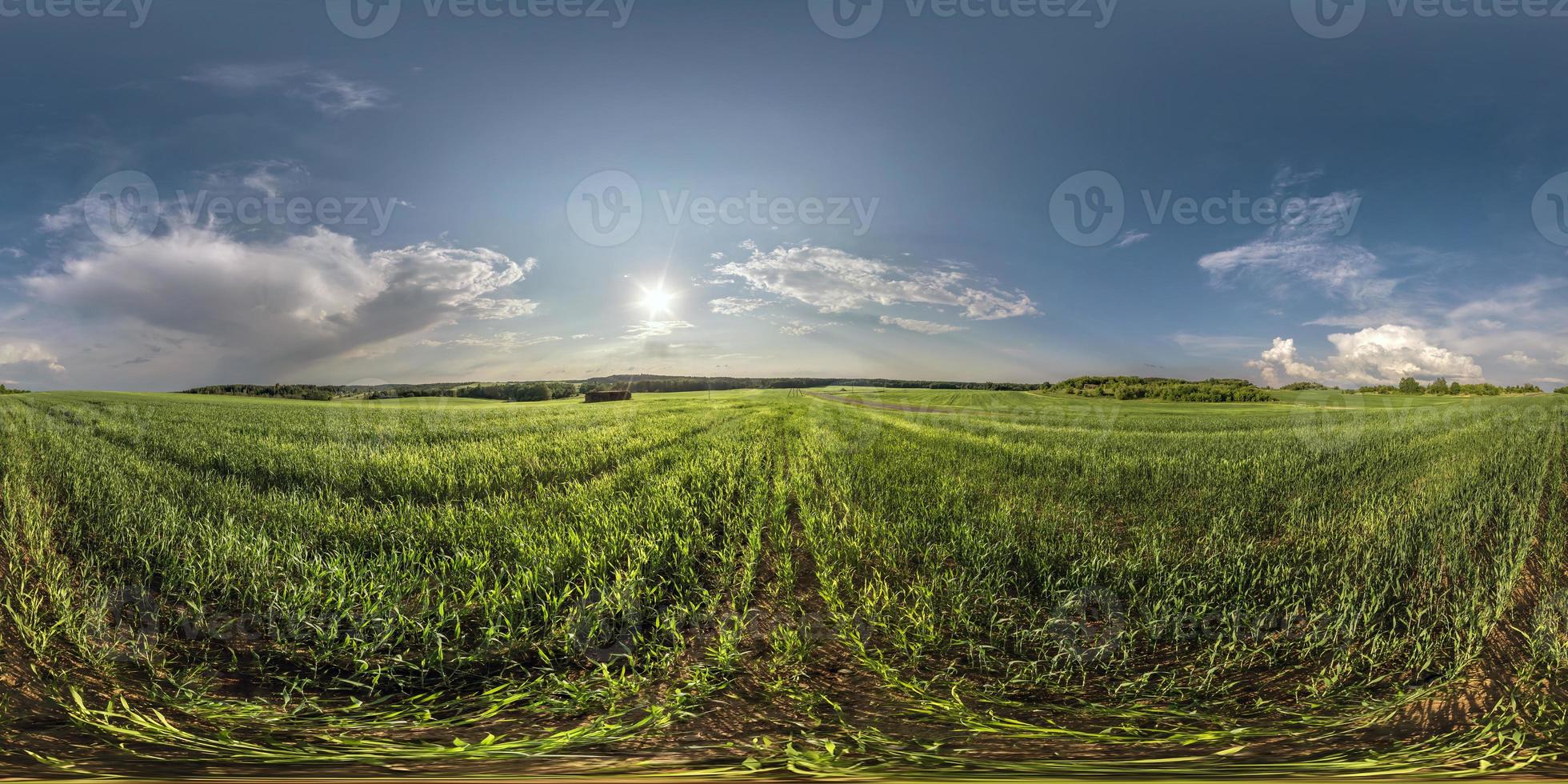 full seamless spherical hdri panorama 360 degrees angle view on among fields in spring day with awesome clouds in equirectangular projection, ready for VR AR virtual reality content photo