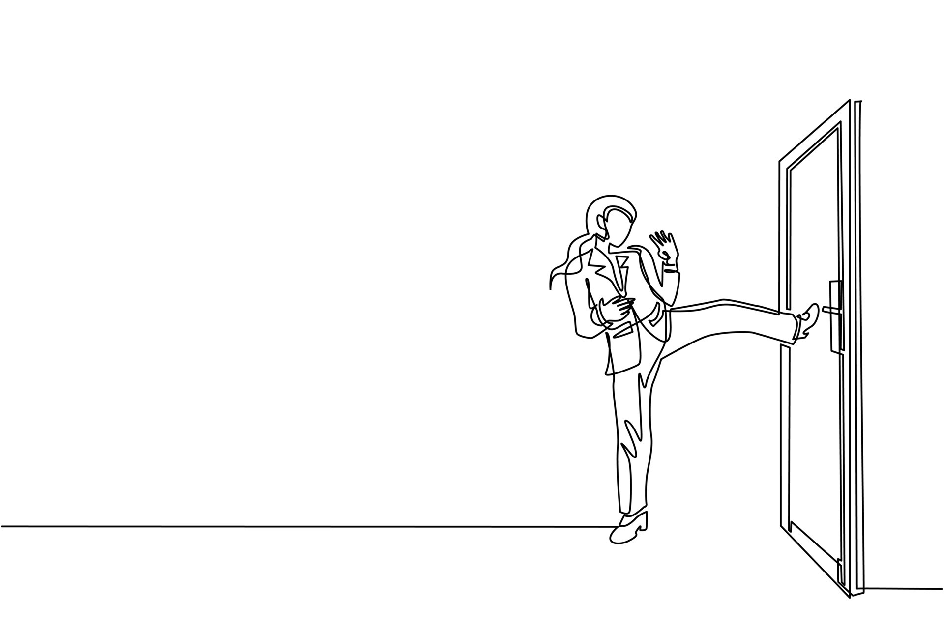 Single continuous line drawing businesswoman prying doorknob with