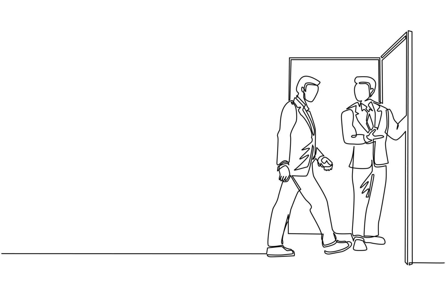 Single continuous line drawing businessman at the door welcomes his friend in. Man is inviting his friend to get into his house. Hospitality concept. One line draw graphic design vector illustration