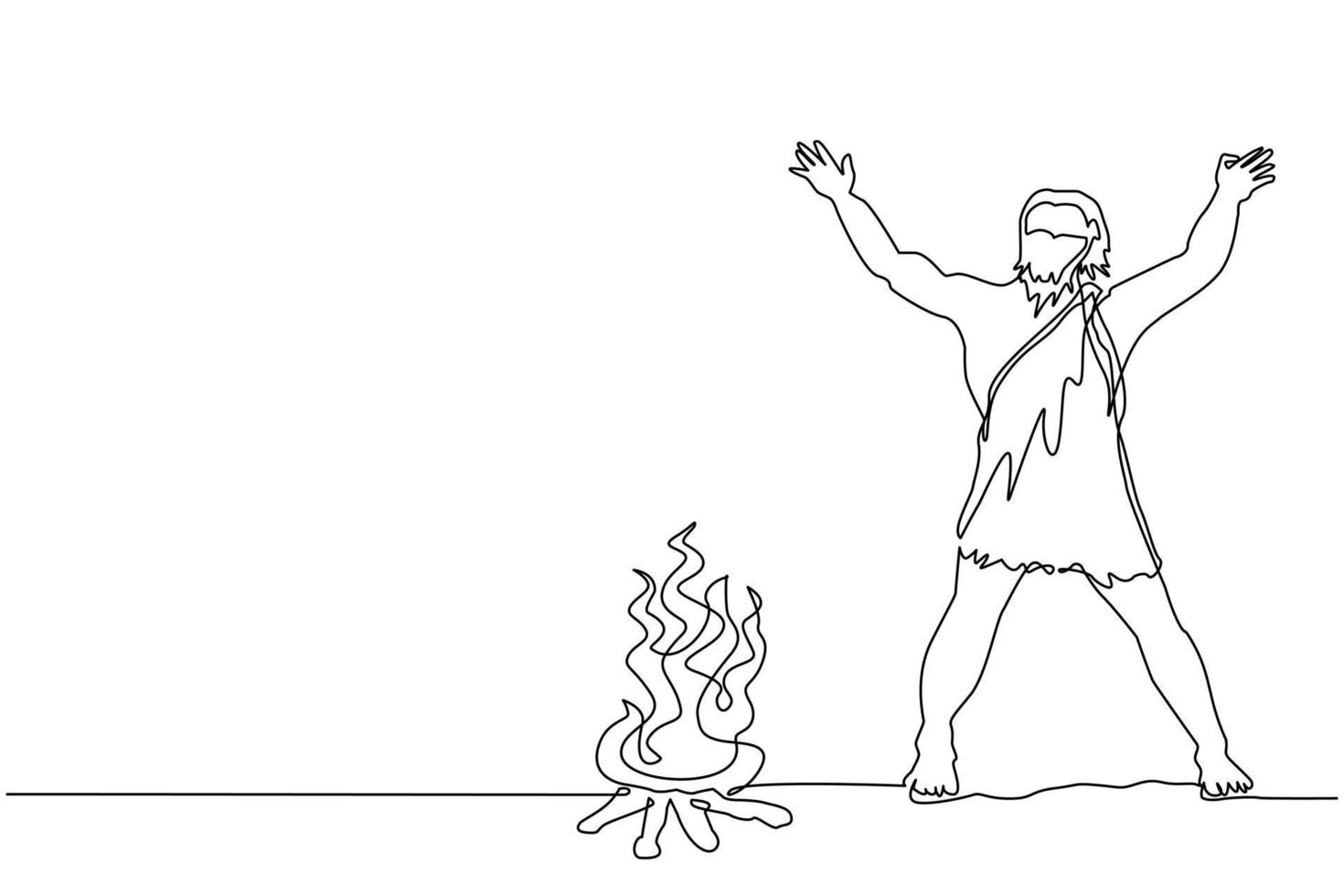 Single continuous line drawing prehistoric man standing around bonfire. Caveman stands and raised two of his hands around campfire. Warmth his body at night. One line draw design vector illustration