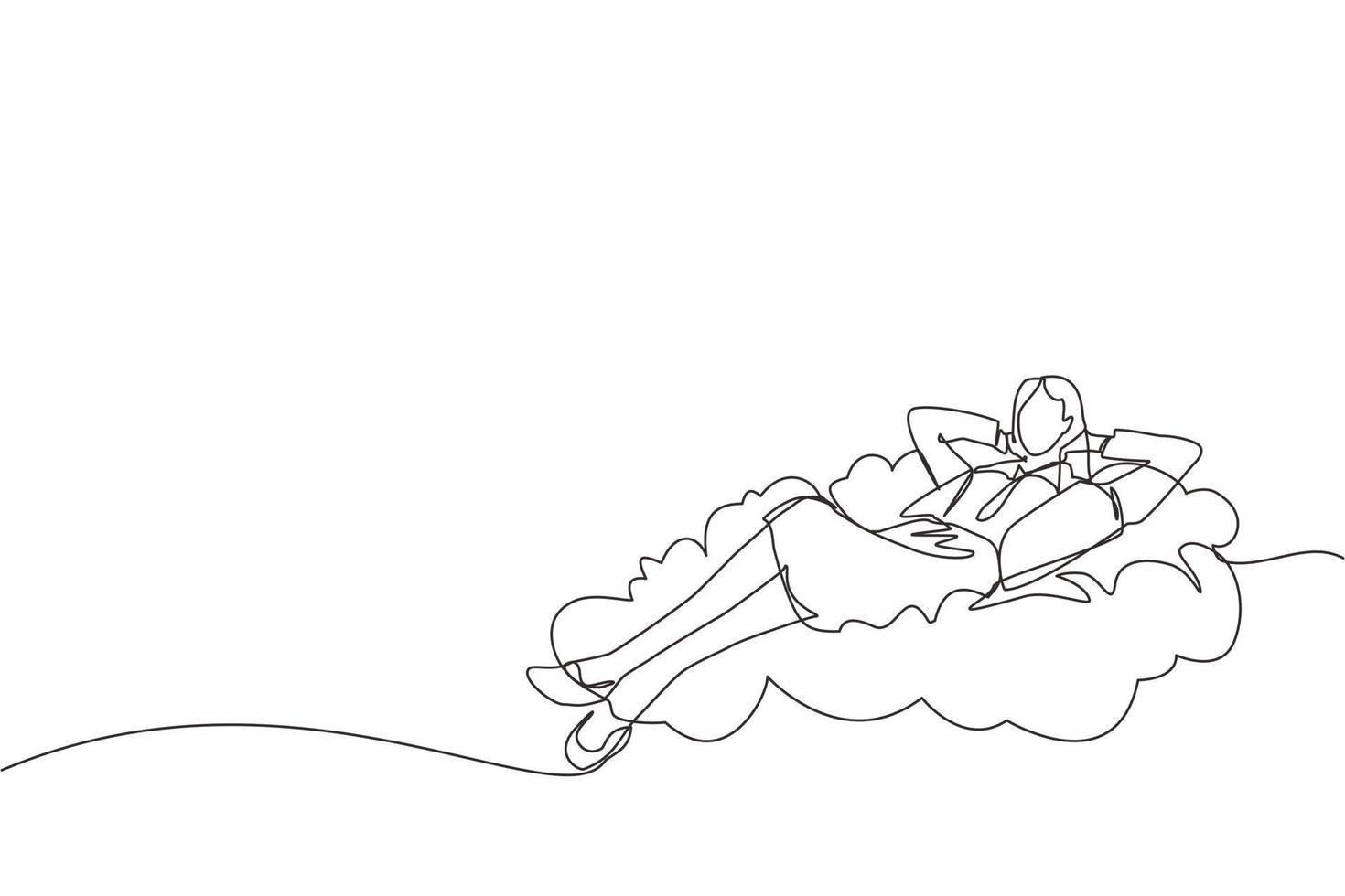 Single one line drawing relaxed and successful happy young businesswoman relaxing laying on clouds. Break, vacation, coffee time and relaxation. Continuous line draw design graphic vector illustration