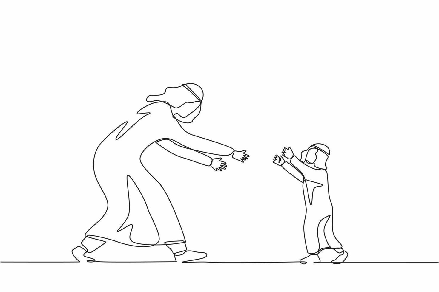 dibujo continuo de una línea niño corriendo hacia su padre. niño feliz de saludar a papá que regresa a casa. papá árabe estirando las manos a su hijo. niño alegre y padre. gráfico vectorial de diseño de dibujo de una sola línea vector