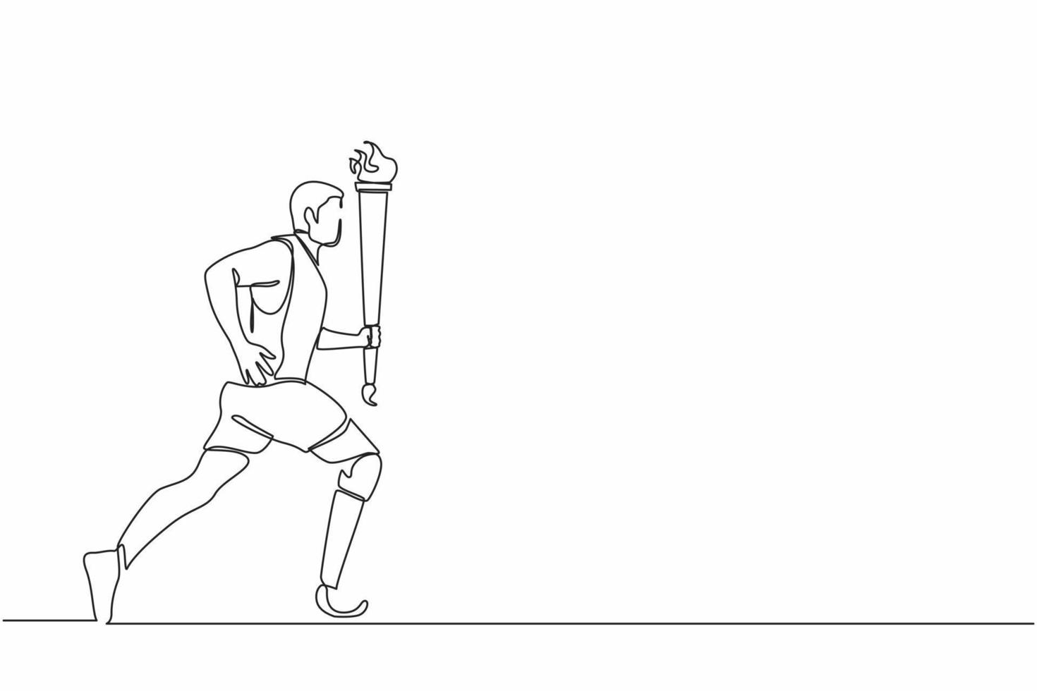 Continuous one line drawing disabled young athlete with prosthetic leg holding torch. Disability sportsman participating in opening ceremony of sport tournament. Single line draw design vector graphic