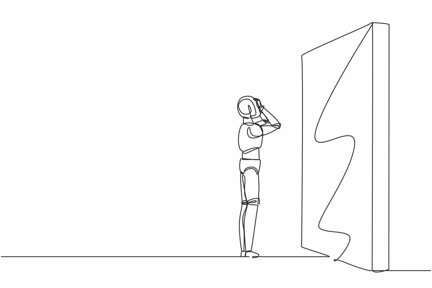 Single one line drawing robot standing and confused in front of huge brick wall barriers. Future technology. Artificial intelligence machine learning. Continuous line draw design vector illustration