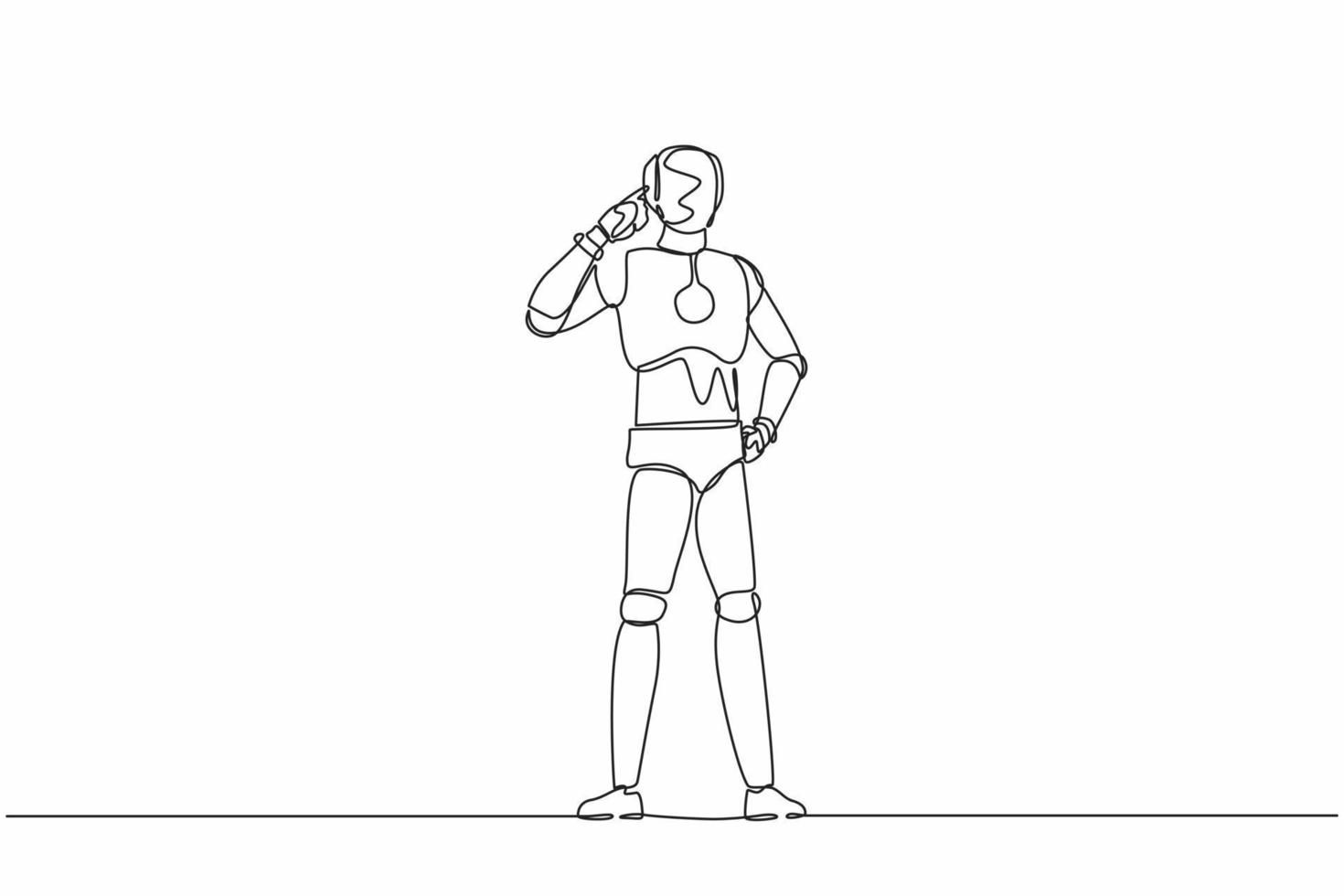 Continuous one line drawing smart robot pointing his head, thinking something. Feeling optimistic, visionary about future. Humanoid robot cybernetic organism. Single line design vector illustration