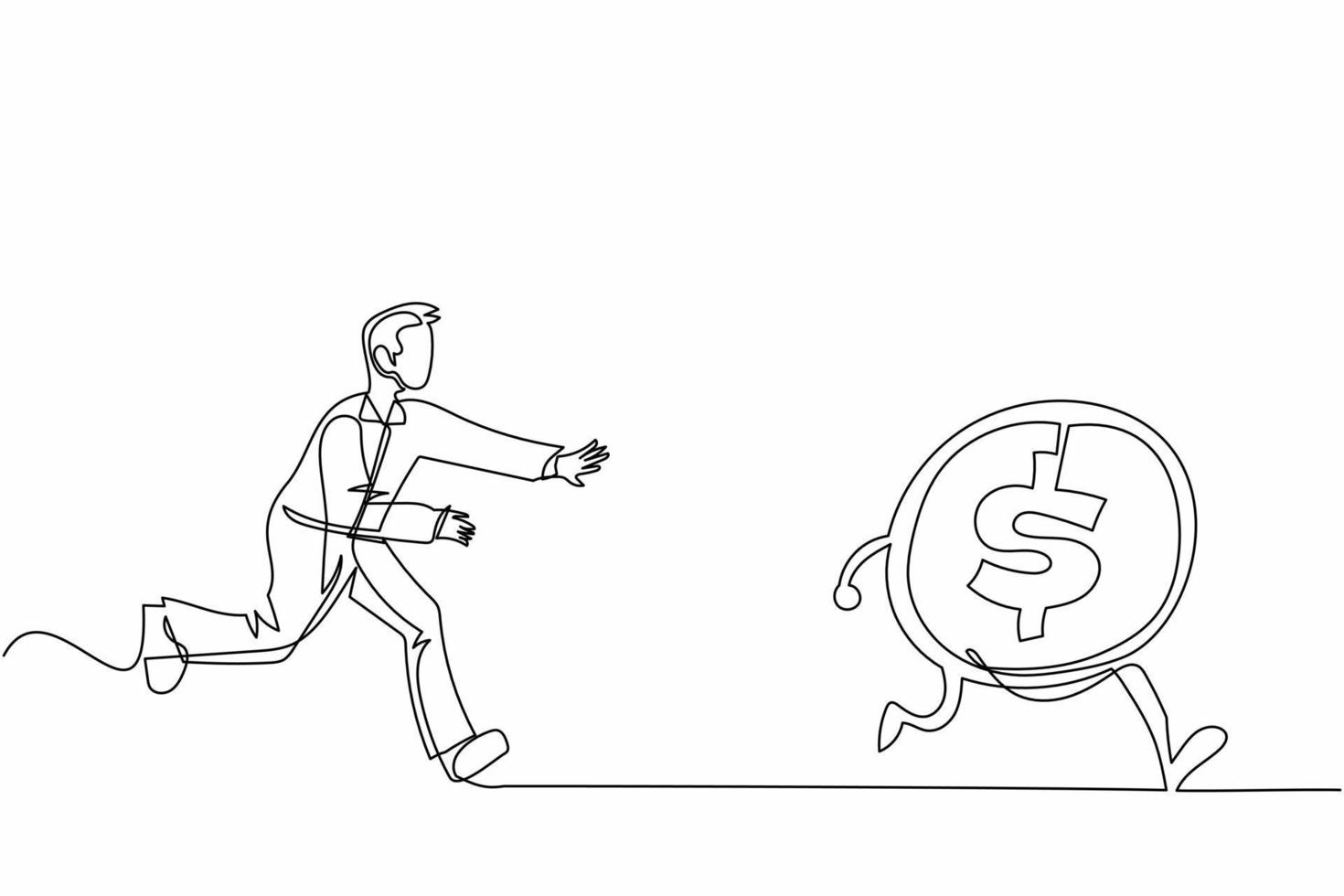 Single one line drawing businessman run chasing try to catch high performance attractive dollar coin. Chasing high performance active mutual fund. Continuous line design graphic vector illustration