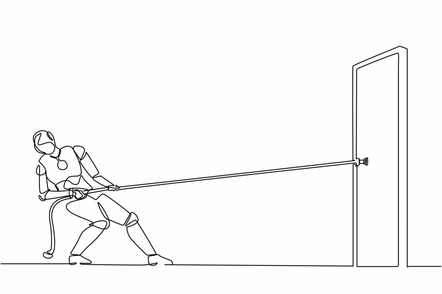 Continuous one line drawing robot pulling and trying open door with rope. Humanoid robot cybernetic organism. Future robotics development concept. Single line draw design vector graphic illustration