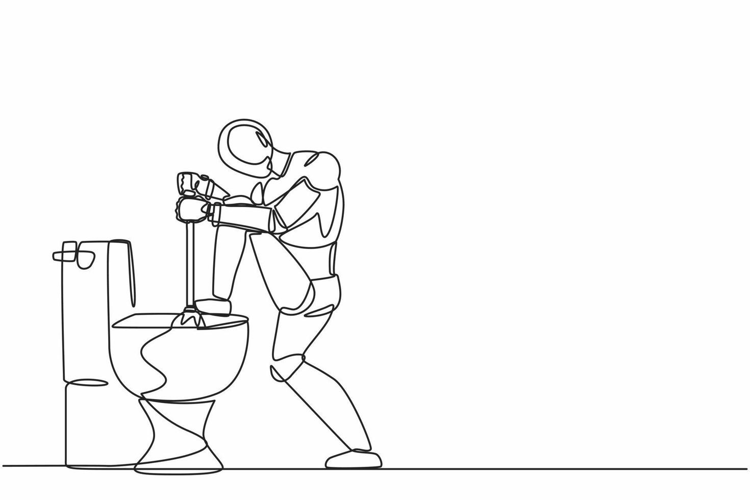 Single continuous line drawing robot fix plumbing toilet leakage or clogging, plumber repair tools. Robotic artificial intelligence. Electronic technology. One line graphic design vector illustration