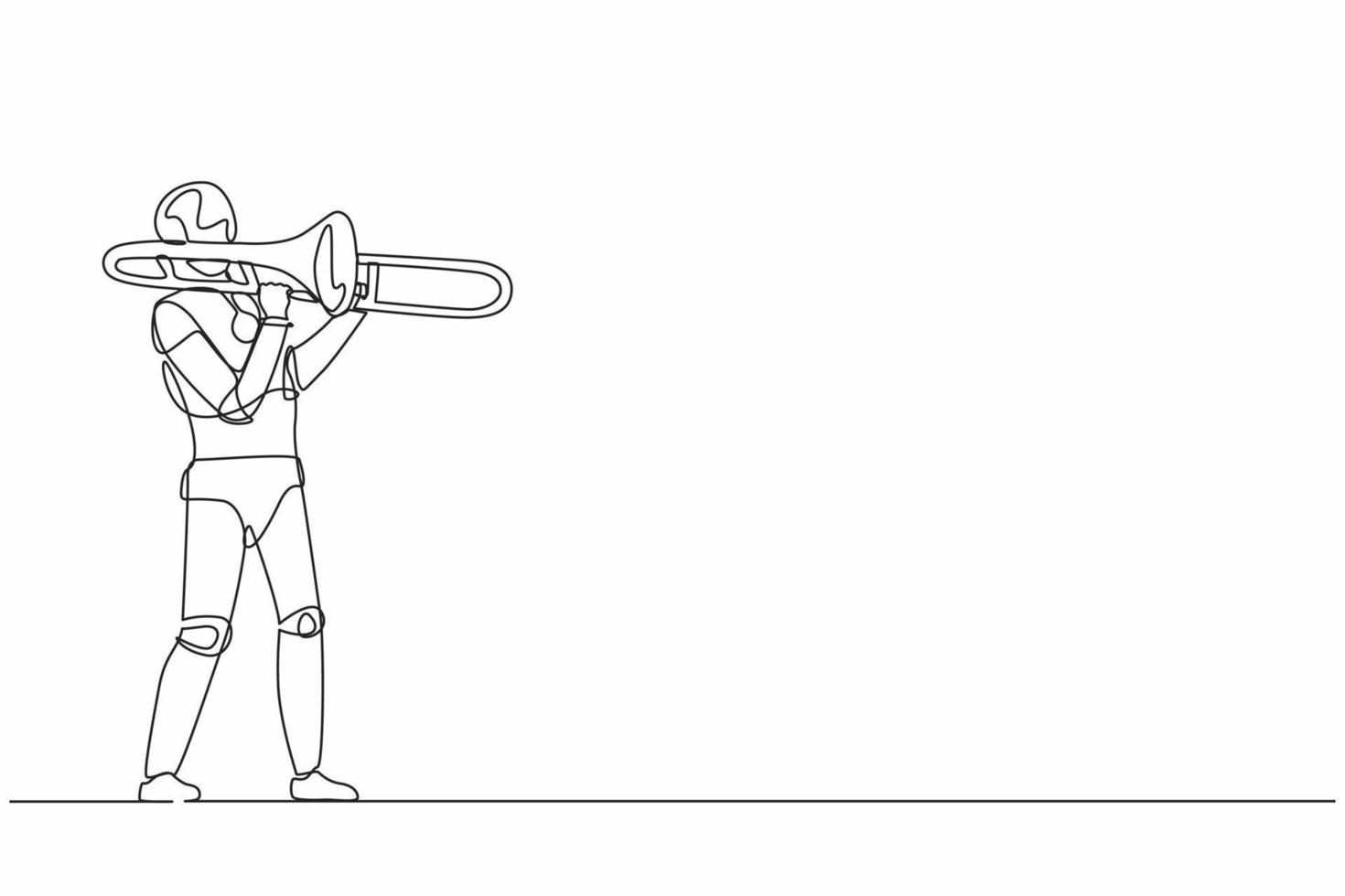 Continuous one line drawing robot play trombone wind instrument at classic music event. Humanoid robot cybernetic organism. Future robotic development. Single line design vector graphic illustration