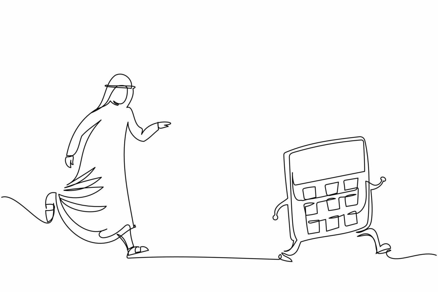 Single one line drawing Arab businessman chasing calculator. Concept of financial audit or professional accounting service, calculation of expenses. Continuous line design graphic vector illustration