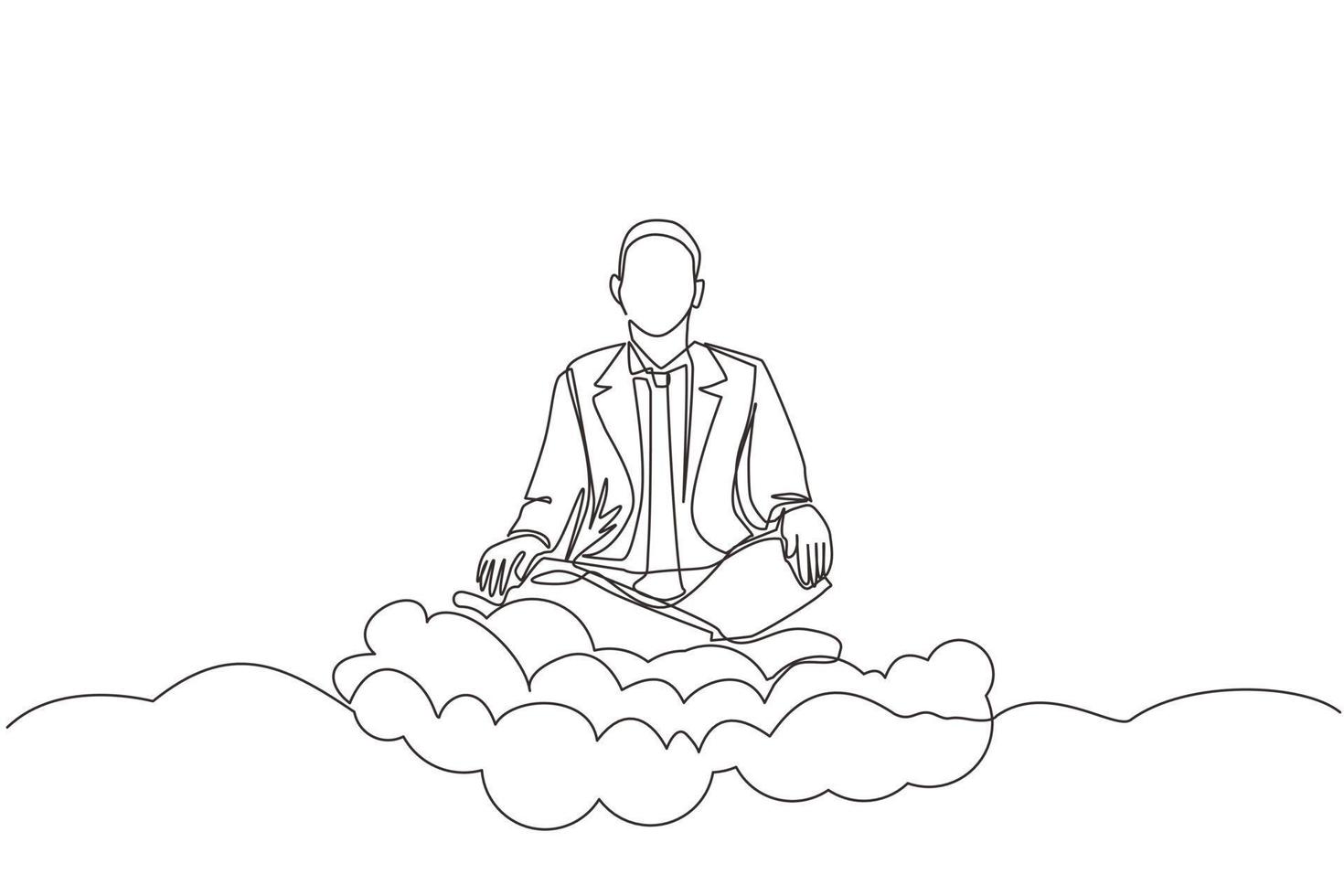 Continuous one line drawing office worker or businessman relaxes and meditates in lotus position on clouds. Cheerful man relaxing with yoga or meditation pose. Single line draw design vector graphic