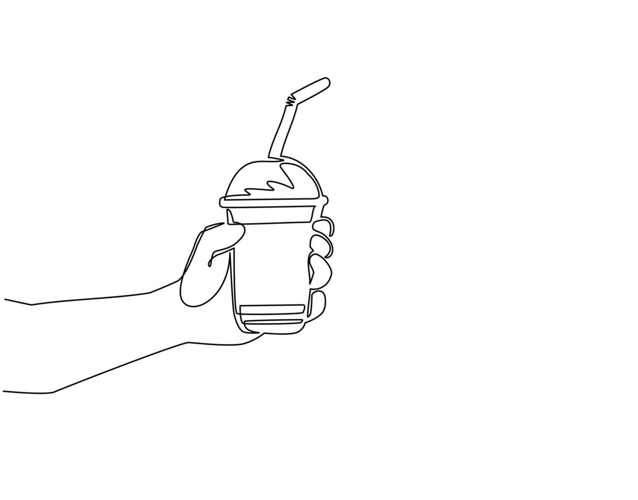 Continuous one line drawing hand holding bubble tea cup. Boba tea, sweet Taiwanese drink popular in Asia. Flat cartoon style, elements are isolated. Single line draw design vector graphic illustration