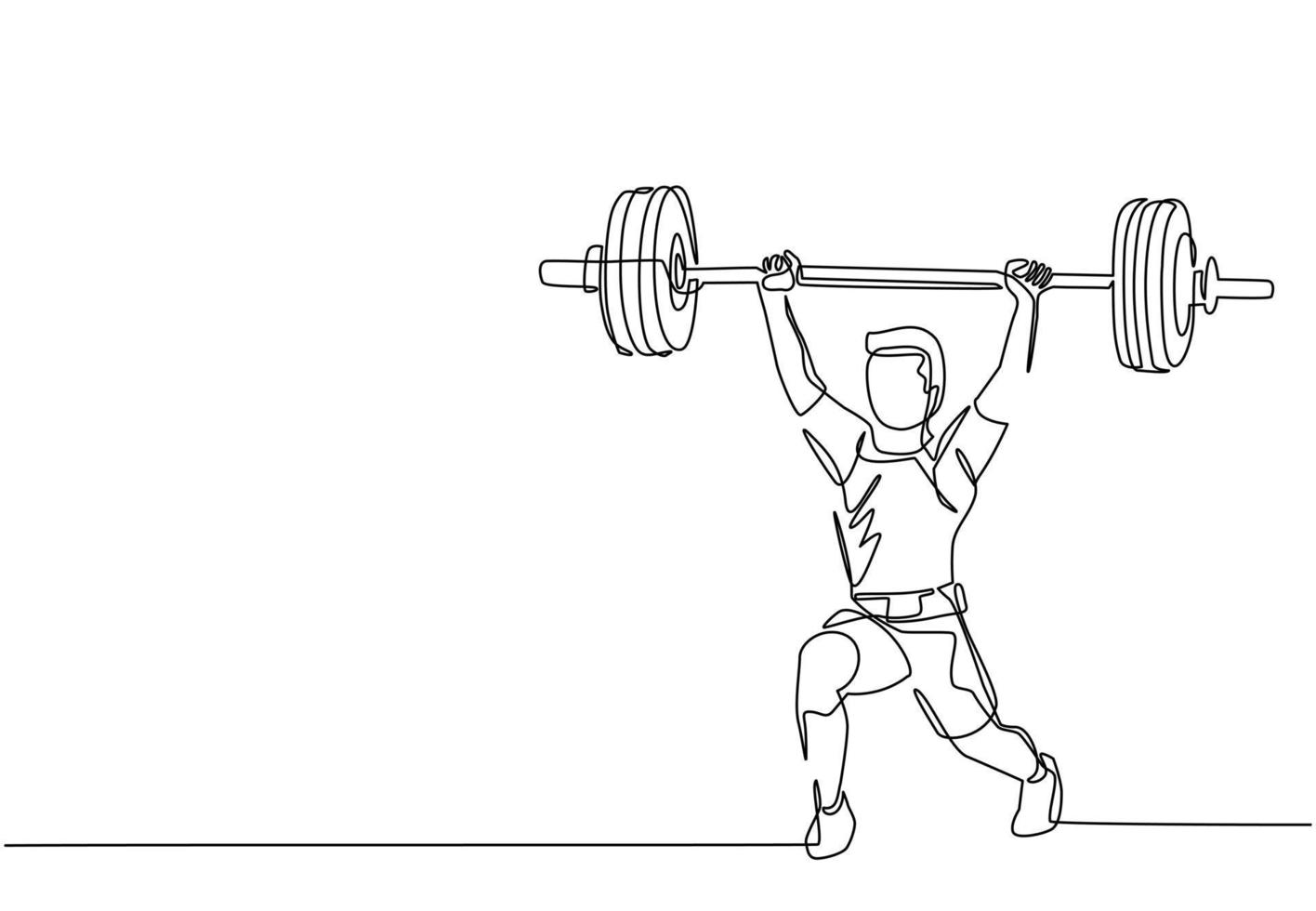 Continuous one line drawing young bodybuilder man doing exercise with a heavy weight bar in gym. Powerlifter train weightlifting. Healthy concept. Single line draw design vector graphic illustration