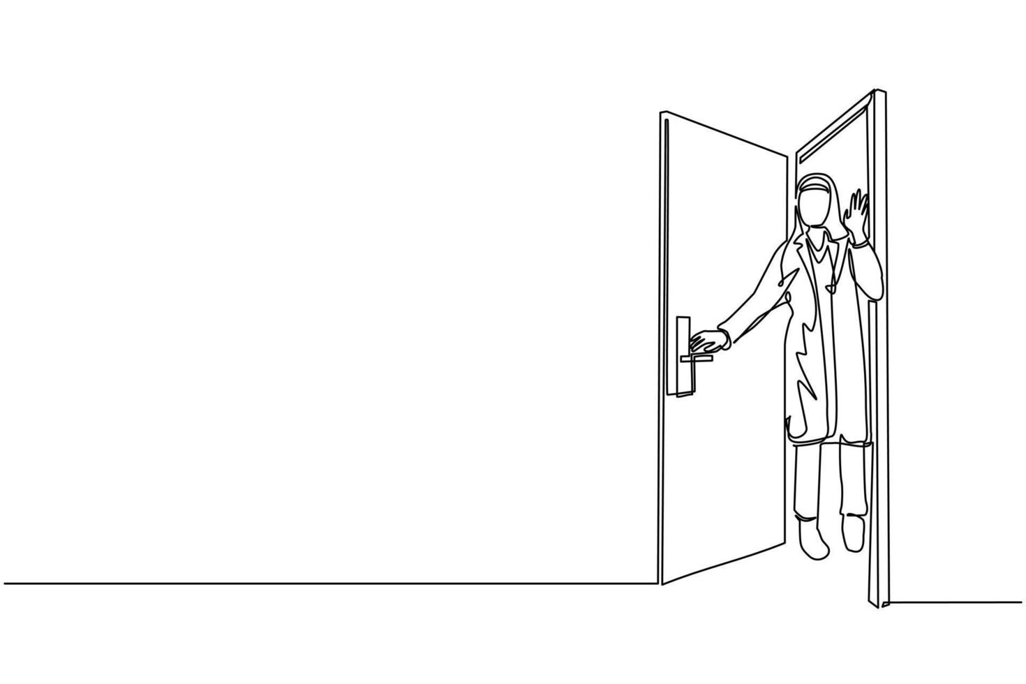 Single continuous line drawing Arab businesswoman looking from behind open door. Woman peeking of door and wave hands. Cheerful female standing in doorway. Dynamic one line draw graphic design vector