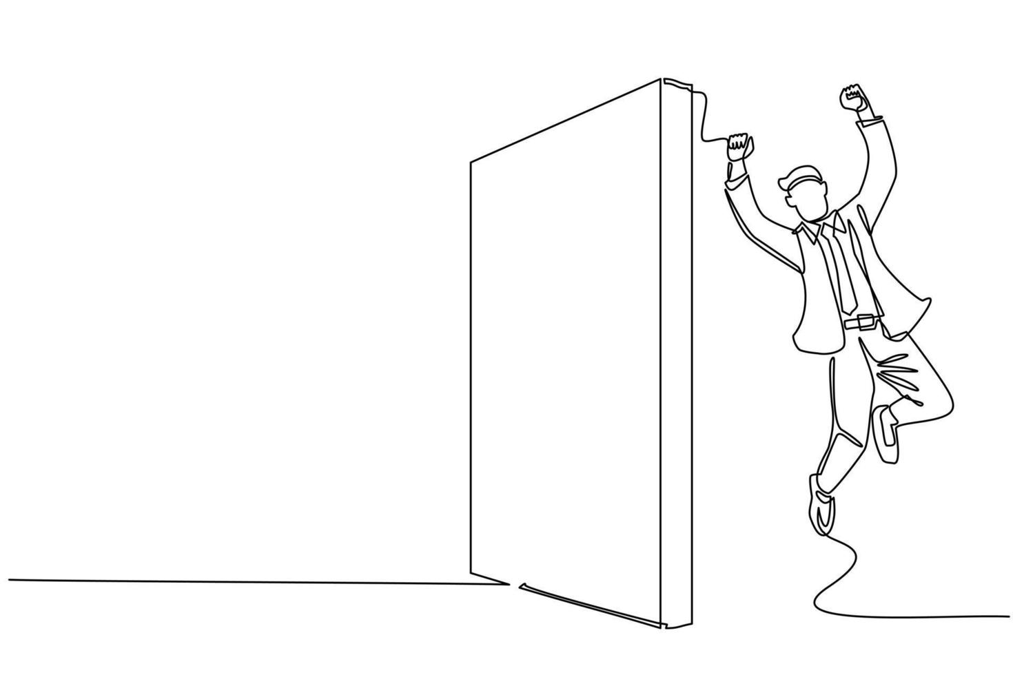 Single continuous line drawing businessman managed to jump over the wall. Man jumps over the wall, outside comfort zone to get new experience, fun and excited. One line draw design vector illustration