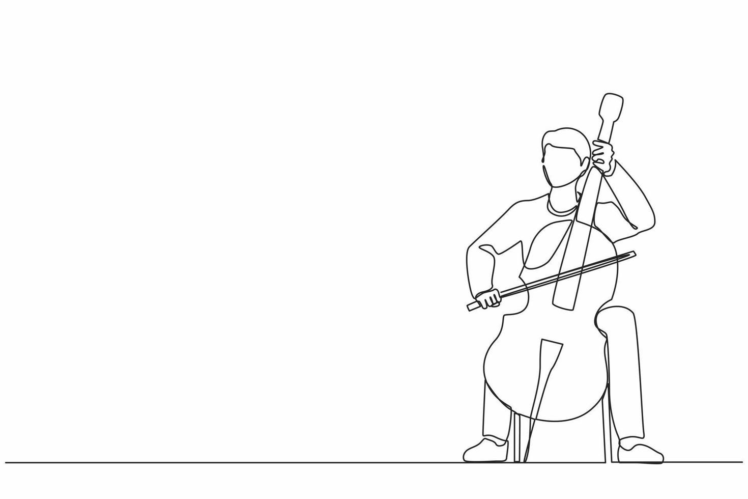 Single one line drawing young male performer playing on contrabass. Cellist man playing cello, musician playing classical music instrument. Continuous line draw design graphic vector illustration