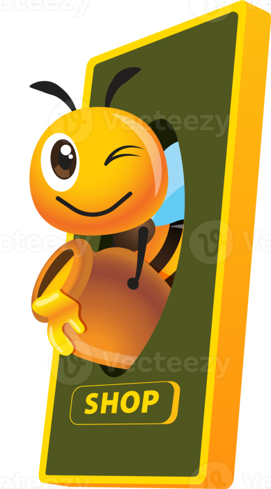 Cartoon cute bee holding honey pot coming out of mobile phone screen. Honey online business concept with bee mascot illustration png