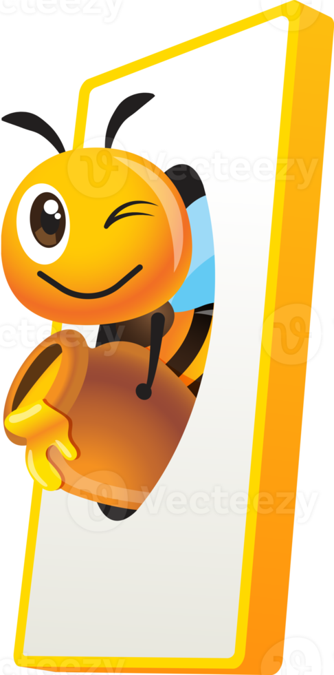 Cartoon cute bee holding honey pot coming out of mobile phone screen. Honey online business concept with bee mascot illustration png