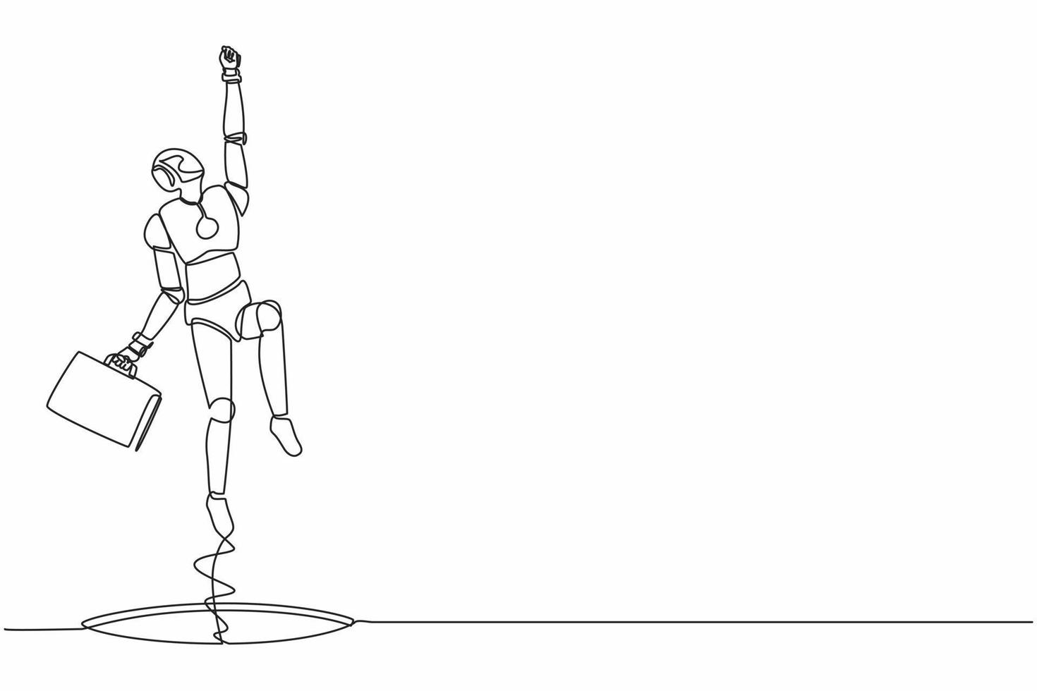 Continuous one line drawing robot flying with briefcase coming out of holes. Humanoid robot cybernetic organism. Future robotics development concept. Single line design vector graphic illustration