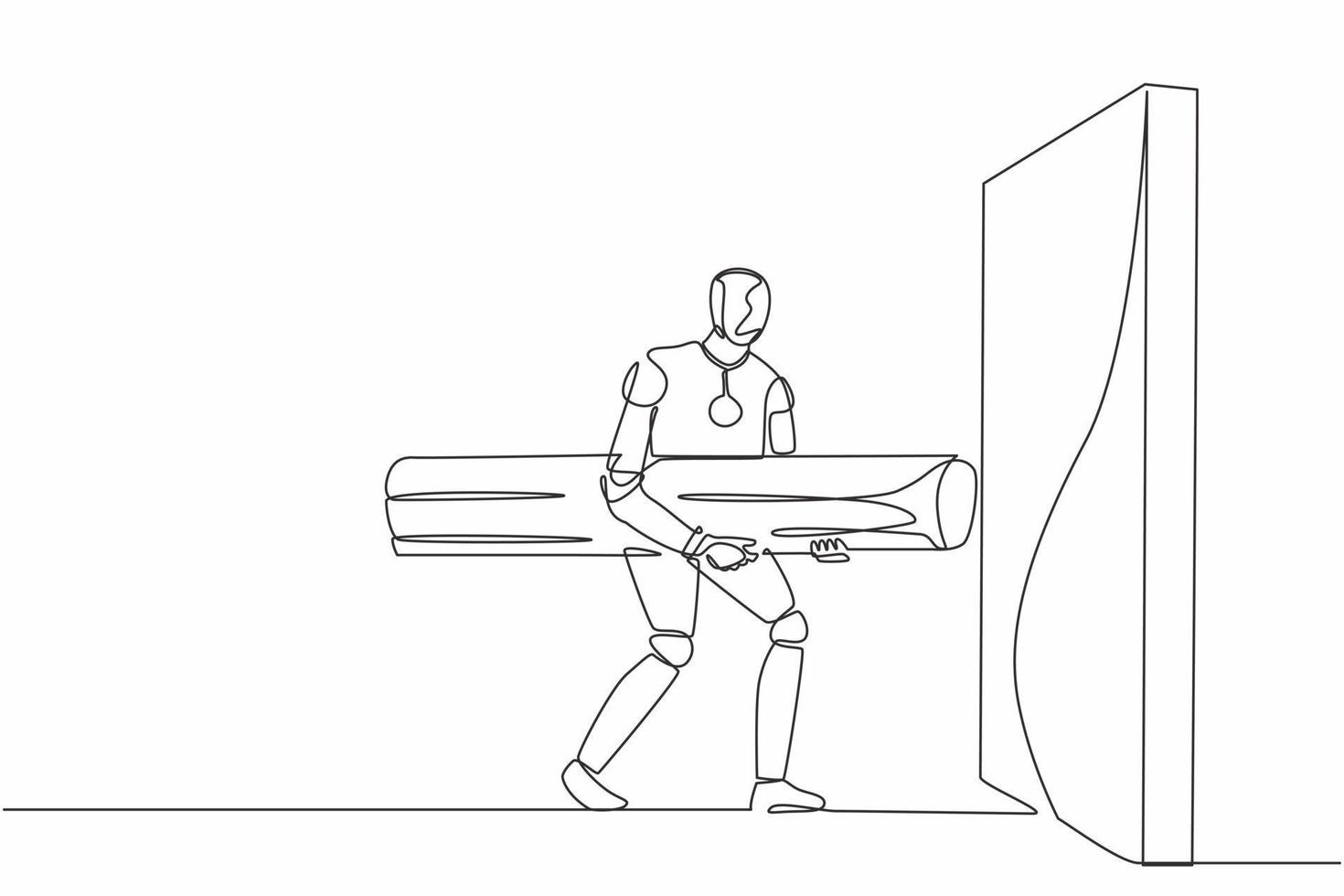 Single one line drawing robot holding large log to destroying wall. Future technology development. Artificial intelligence and machine learning process. Continuous line draw design vector illustration