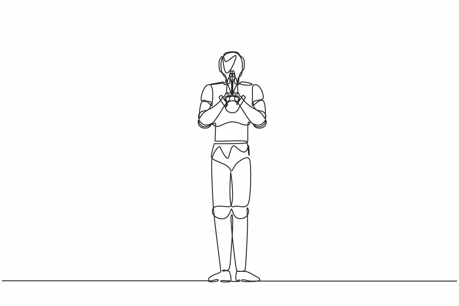 Single continuous line drawing robot holding palms in prayer. Robot emotion, body language gesture. Robotic artificial intelligence. Electronic technology. One line graphic design vector illustration