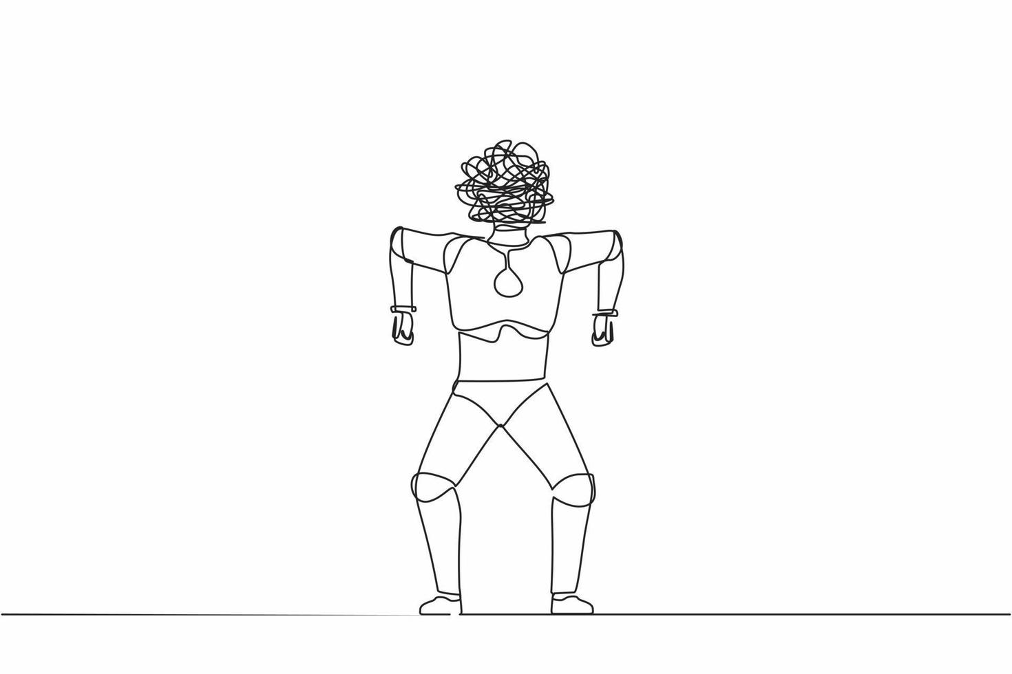 Single continuous line drawing robot with round scribbles instead of head. Emotional robot in rage. Feeling anger. Future technology. Artificial intelligence. One line draw design vector illustration
