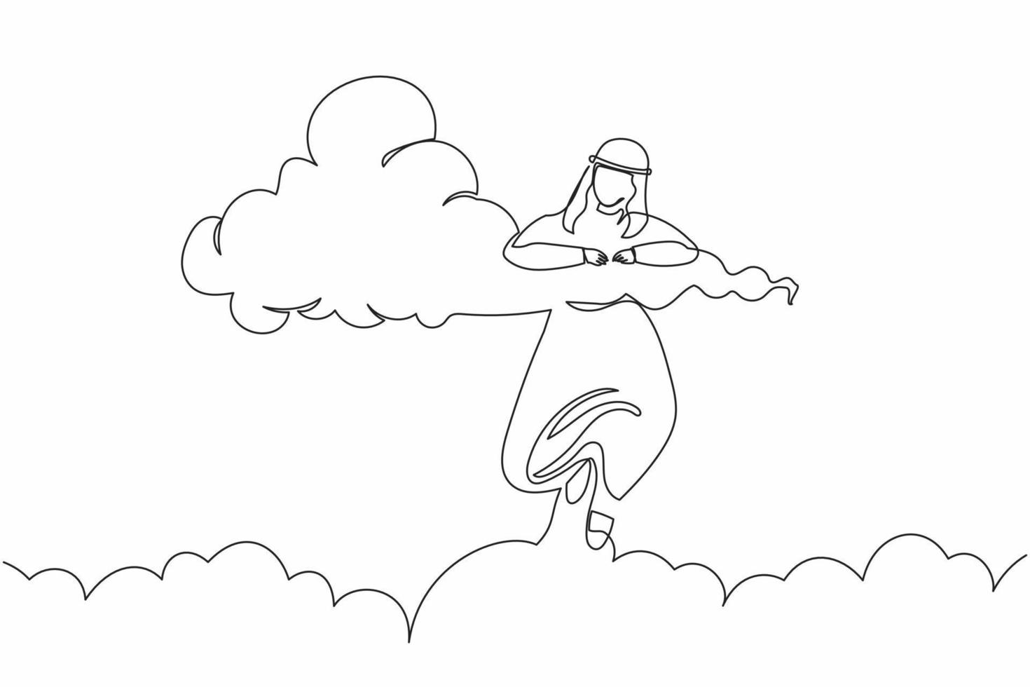 Continuous one line drawing relaxing Arab businessman hang in clouds. Hoping for success, financial freedom, winning business project, achievement. Single line draw design vector graphic illustration