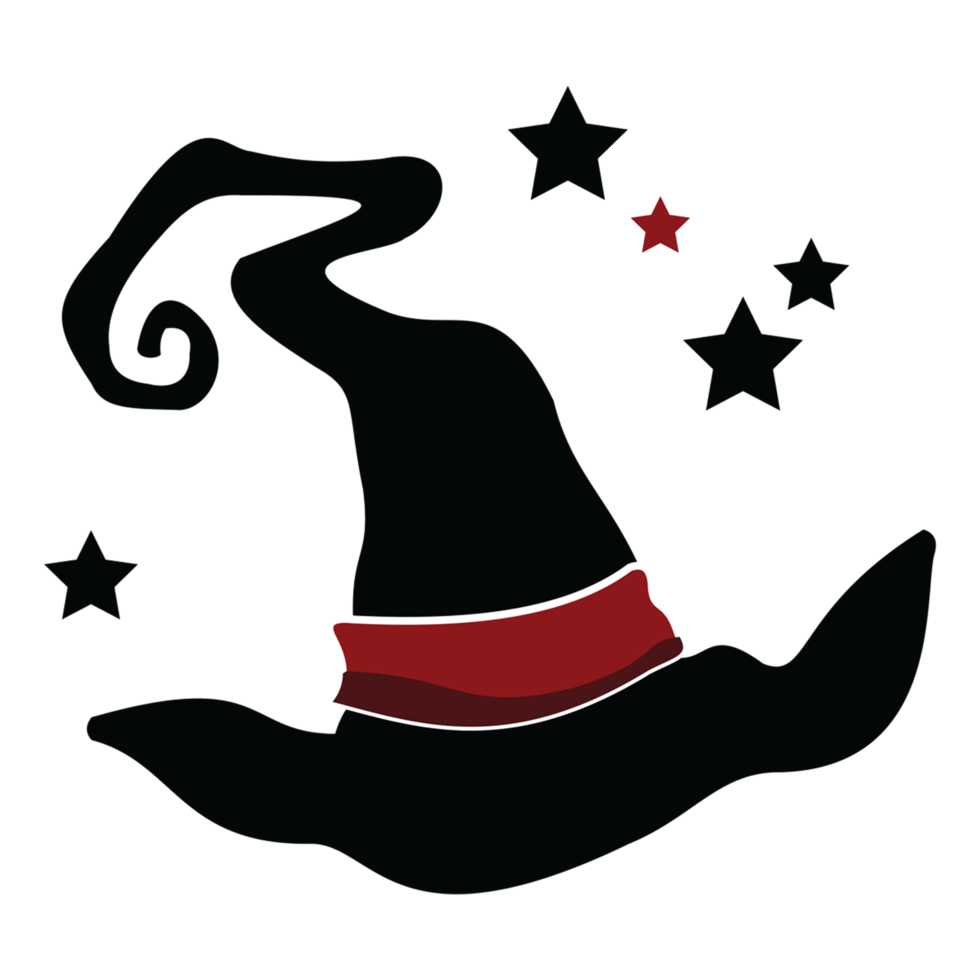 Wicked witches hat. Black hat decorated with a red belt and surrounded by stars png