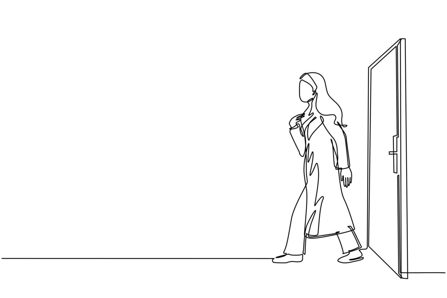 una sola línea continua dibujando a una mujer de negocios árabe caminando y saliendo de la puerta cerrada. nuevos emprendimientos comerciales. entrar en un nuevo mercado. concepto de crecimiento profesional. ilustración de vector de diseño gráfico de dibujo de una línea