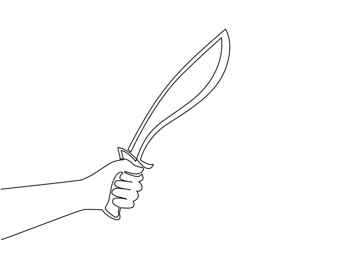 Single continuous line drawing man hand hold machetes knife with curved blade. Machete agricultural instrument or weapon engraving style icon. Dynamic one line draw graphic design vector illustration