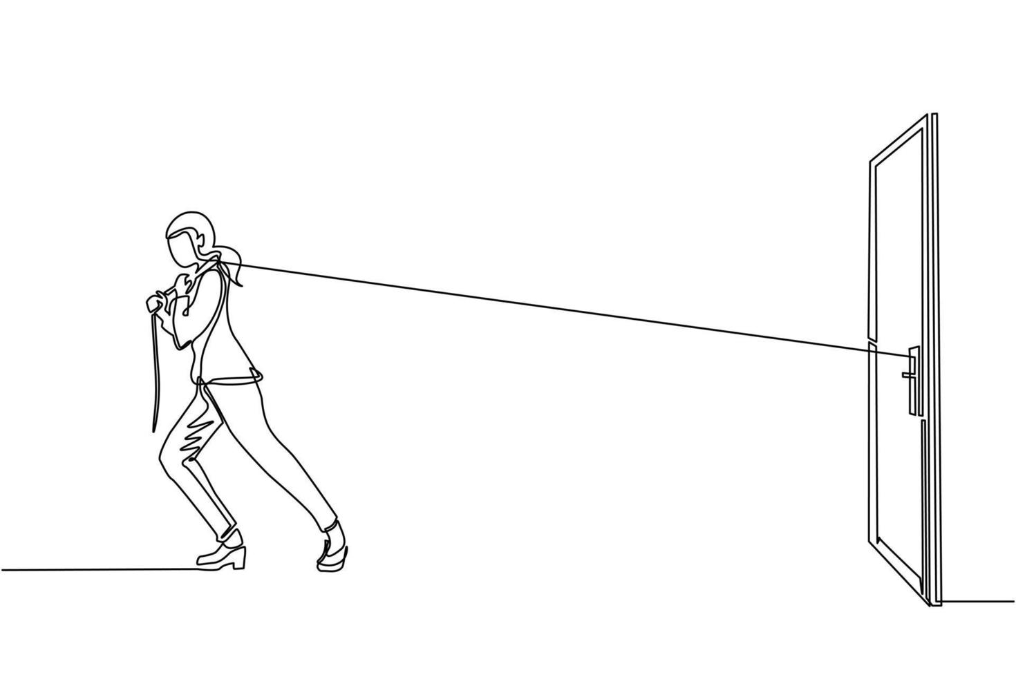 Single continuous line drawing businesswoman trying hard to pulling rope to drag heavy door frame, metaphor to facing big problem. Business struggles. Strength for success. One line draw design vector