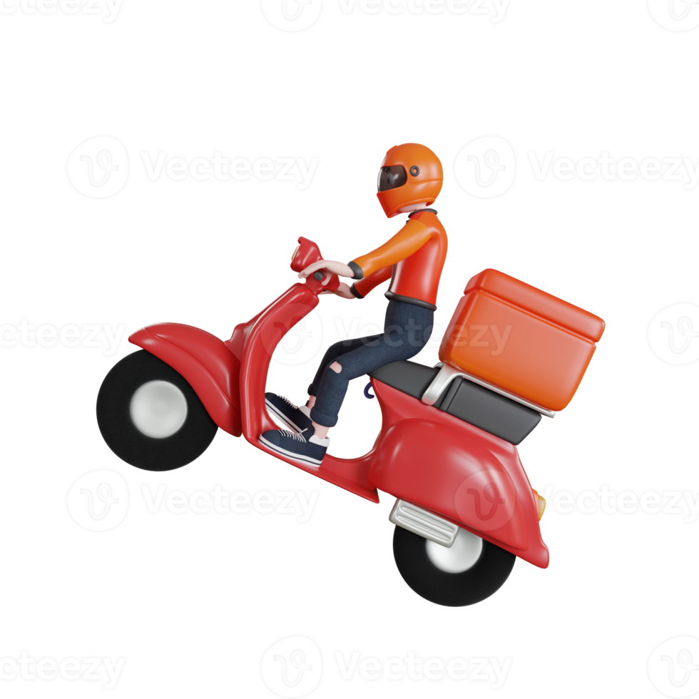 Personaje de repartidor de renderizado 3d con objeto de ilustración de scooter png