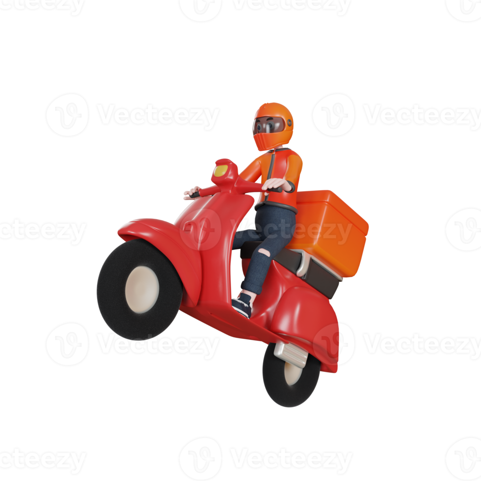 Personagem de entregador de renderização 3D com objeto de ilustração de scooter png