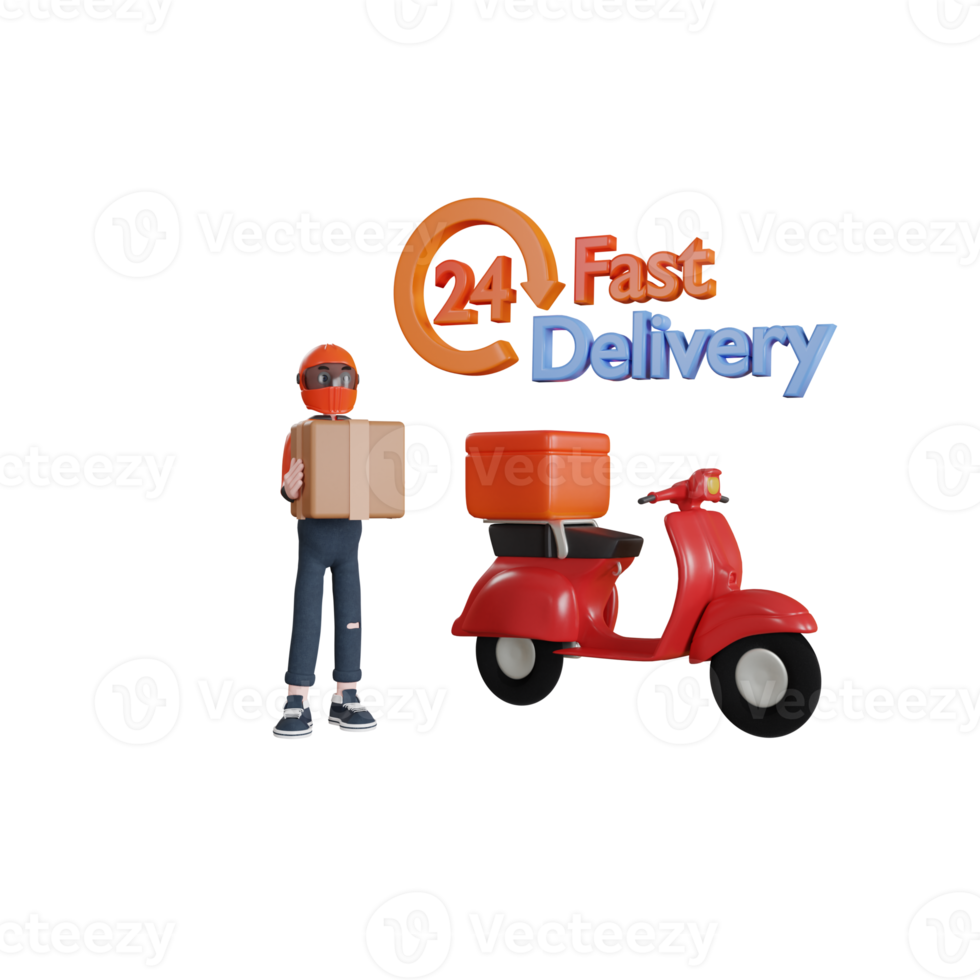 3d rendering delivery man character with scooter illustration object png