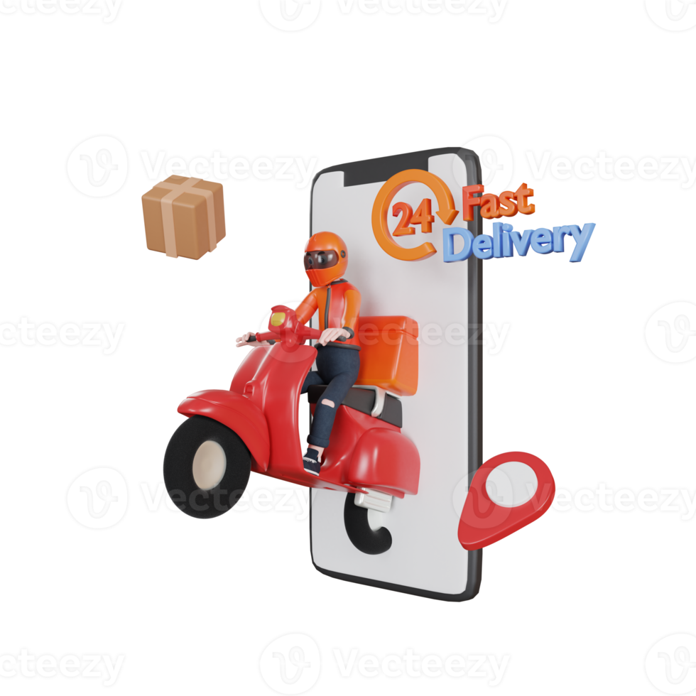 3d rendering delivery man character with scooter illustration object png