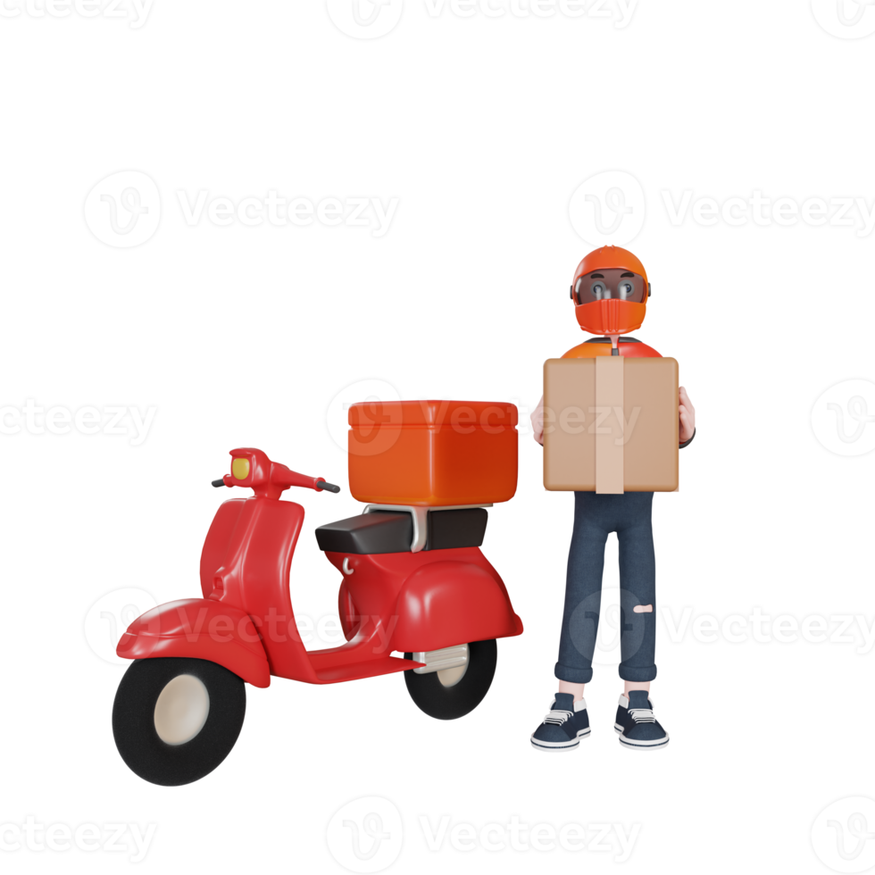 3d rendering delivery man character with scooter illustration object png