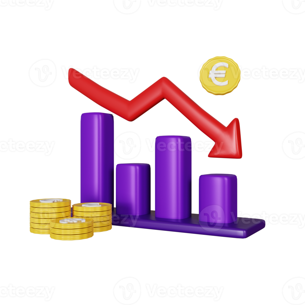 3d rendering euro coins graph down png