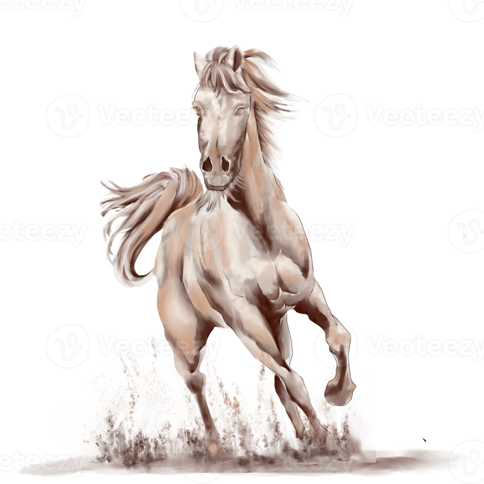 Running horse black and white watercolor style on white background png