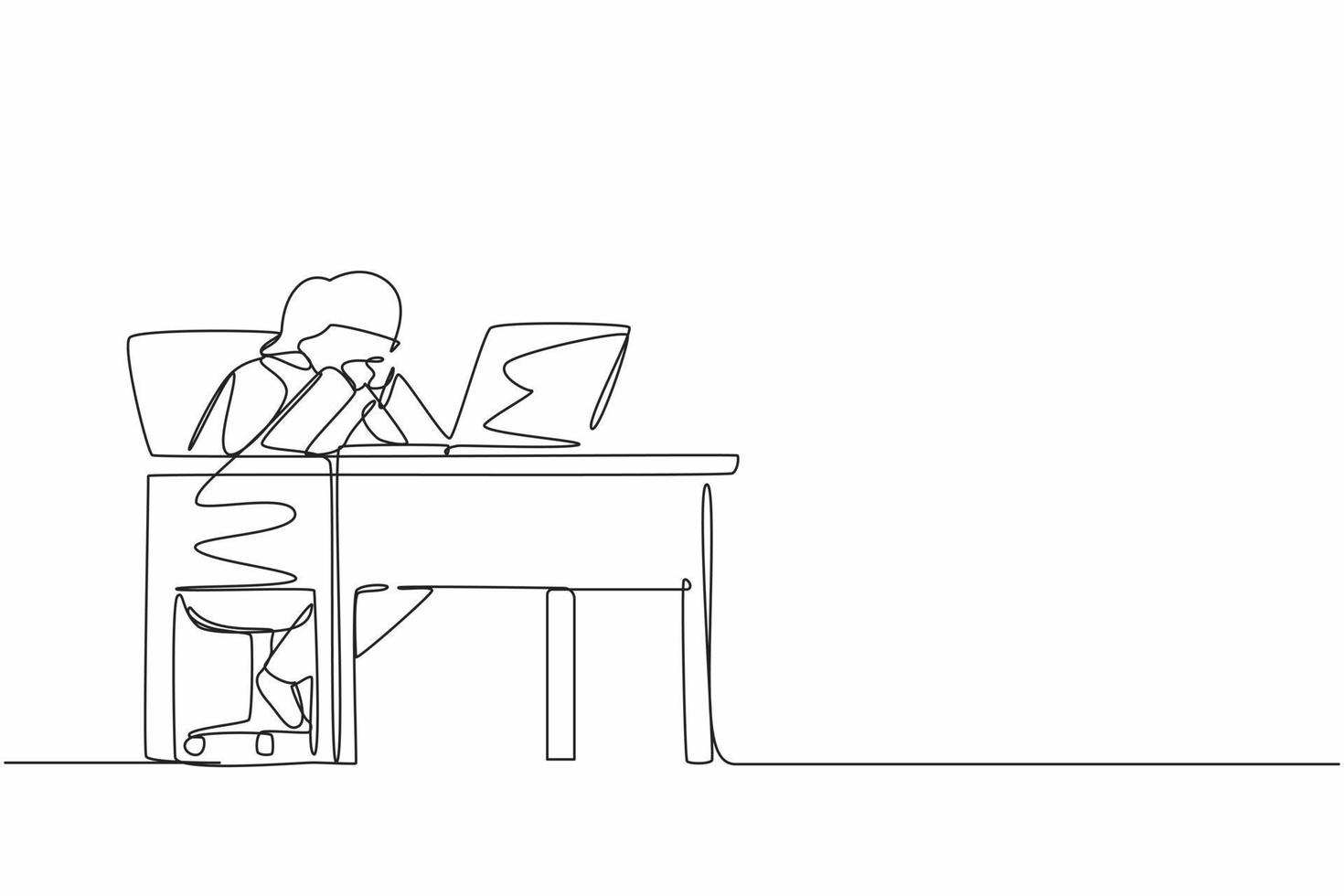 Continuous one line drawing pensive businesswoman working at laptop. Frustrated female in doubt with hand on chin gesture. Work at home office. Remote job, workplace. Single line draw design vector