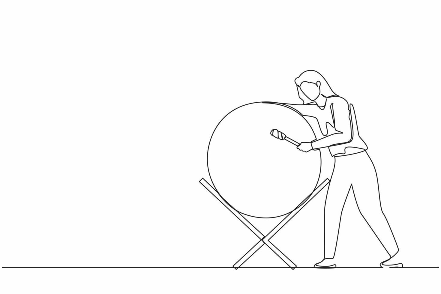 Single continuous line drawing happy woman hitting bedug or traditional drum for suhoor and iftar time Ramadan. Muslim person calling other people to pray to mosque. One line graphic design vector
