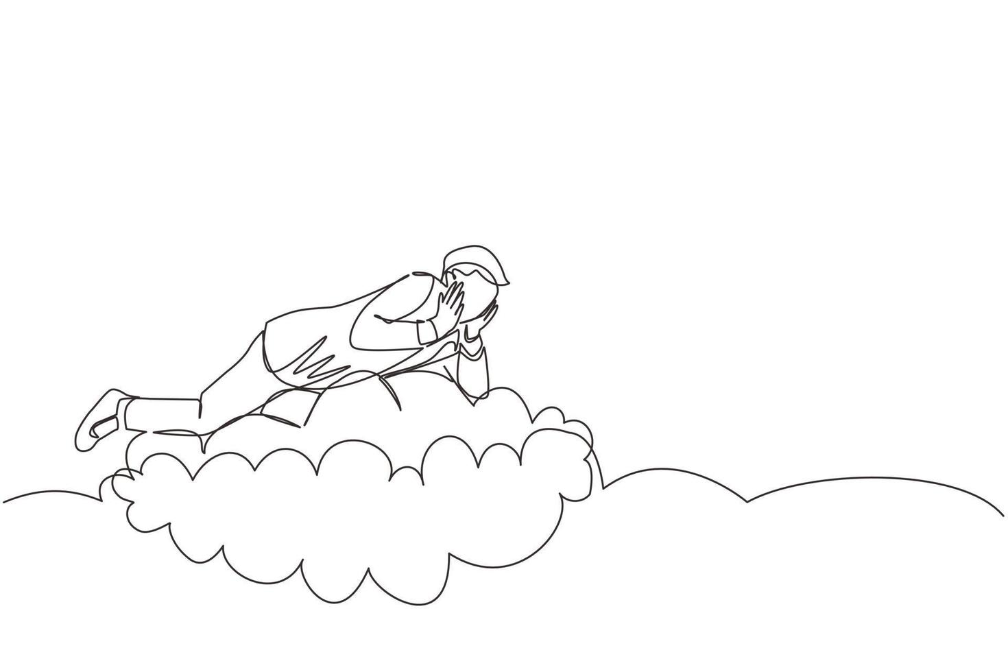 Continuous one line drawing dreamer. Businessman lay on the clouds and dreaming or thinking something about new business. Young man lying on the cloud. Single line design vector graphic illustration