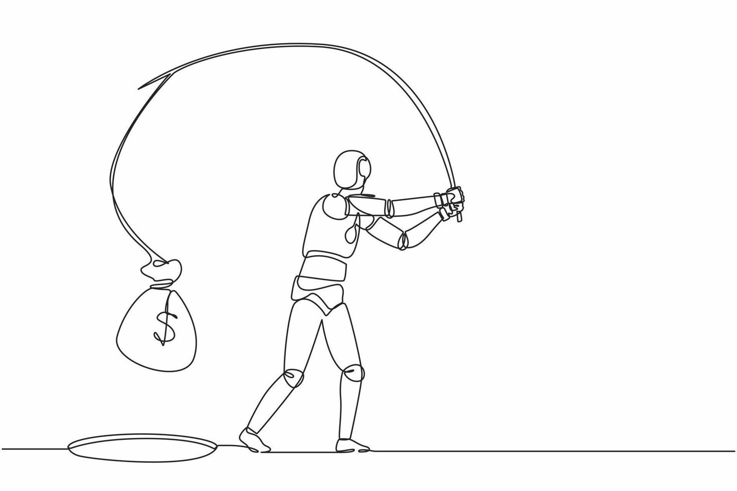 Continuous one line drawing robot holding fishing rod got big money bag from hole. Humanoid robot cybernetic organism. Future robotics development. Single line draw design vector graphic illustration