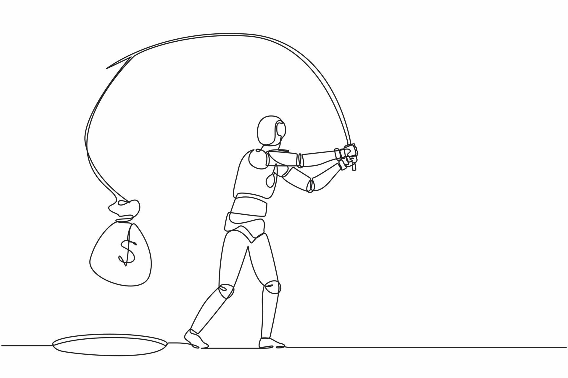 Continuous one line drawing robot holding fishing rod got big money bag