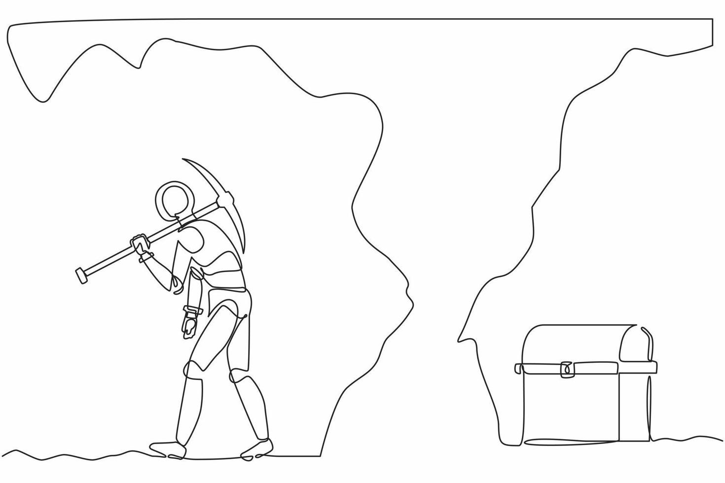 Continuous one line drawing robot gives up digging not knowing treasure chest is almost revealed. Humanoid robot cybernetic organism. Future robotics. Single line design vector graphic illustration